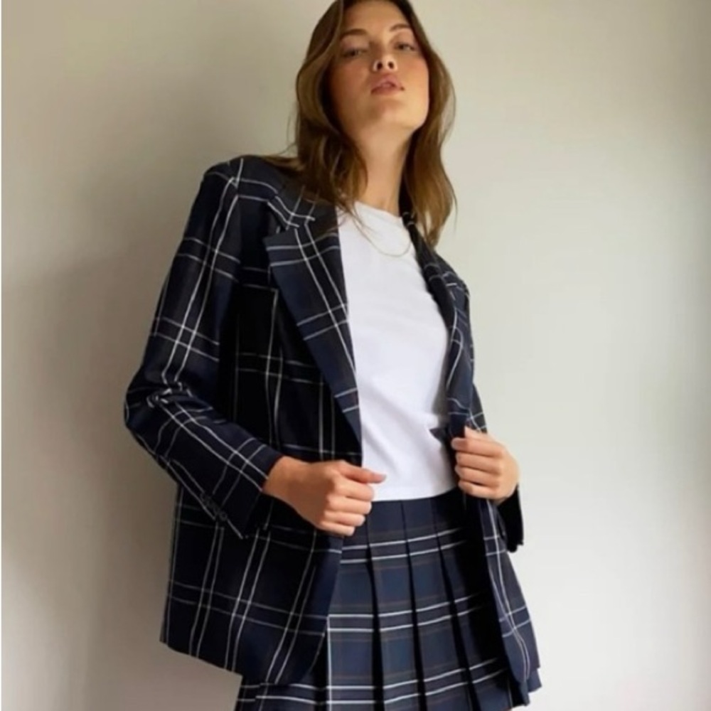 Aritzia Sunday Best Pilot Navy Plaid Blazer